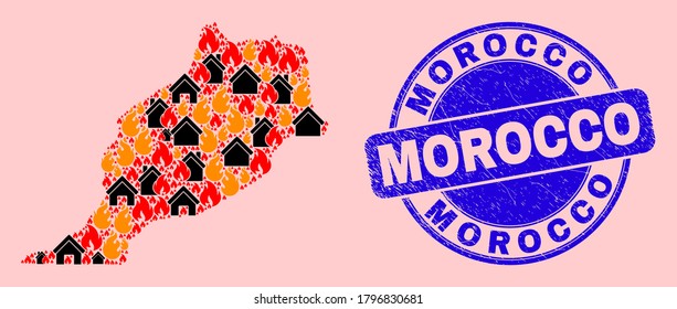 Fire disaster and homes collage Morocco map and Morocco scratched stamp print. Vector mosaic Morocco map is constructed with scattered burning houses.