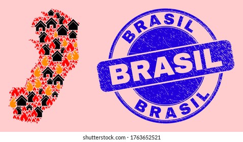 Fire disaster and homes combination Espirito Santo State map and Brasil scratched stamp seal. Vector mosaic Espirito Santo State map is made of scattered burning homes.