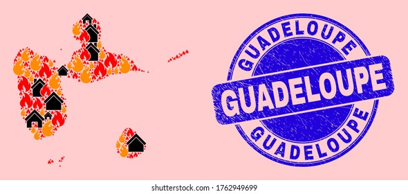 Fire disaster and homes combination Guadeloupe map and Guadeloupe unclean stamp print. Vector collage Guadeloupe map is organized from scattered burning homes.