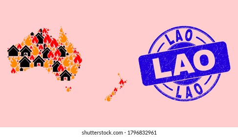 Composición del mapa de Australia y Nueva Zelanda y el sello corroido de Laos. Collage de vectores en Australia y en Nueva Zelanda, el mapa está diseñado para quemar casas al azar.