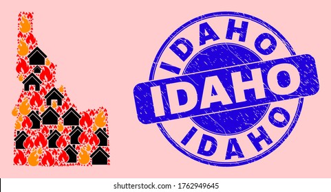 Fire disaster and homes mosaic Idaho State map and Idaho textured stamp. Vector collage Idaho State map is composed from scattered burning towns.