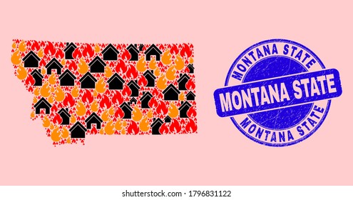 Fire disaster and homes mosaic Montana State map and Montana State dirty stamp seal. Vector collage Montana State map is created with random burning homes.