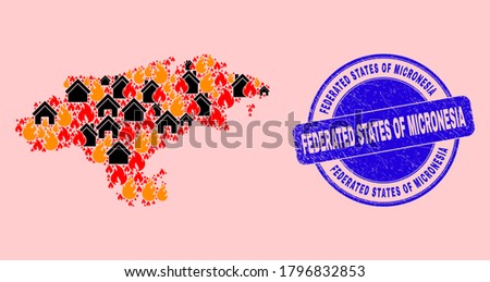 Fire disaster and houses collage Cantabria Province map and Federated States of Micronesia corroded watermark. Vector collage Cantabria Province map is created of randomized burning houses.