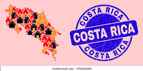 Fire disaster and houses collage Costa Rica map and Costa Rica unclean stamp seal. Vector collage Costa Rica map is composed of random burning cities.