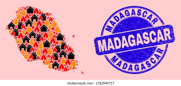 Fire disaster and houses combination Graciosa Island map and Madagascar dirty stamp imitation. Vector collage Graciosa Island map is formed of random burning houses.