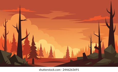 Fire disaster, illustration of fire burning trees in forest for campaign and public relations.