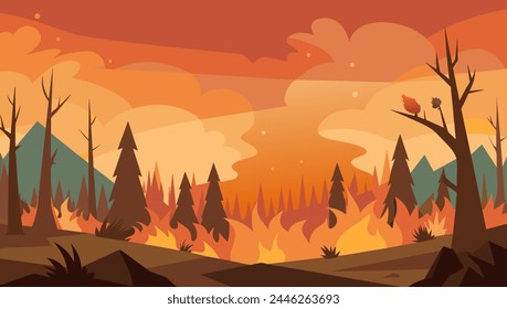 Fire disaster, illustration of fire burning trees in forest for campaign and public relations.