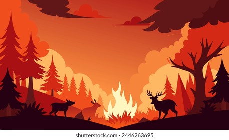 Fire disaster, illustration of fire burning trees in forest for campaign and public relations.