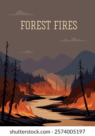 Fire disaster, illustration of fire burning trees in forest. Precautions the use of fire poster template. Natural disasters