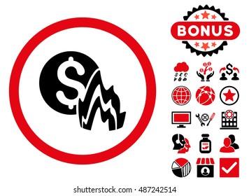 Fire Disaster Price icon with bonus pictures. Vector illustration style is flat iconic bicolor symbols, intensive red and black colors, white background.