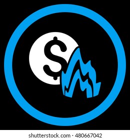 Fire Disaster Price rounded icon. Vector illustration style is flat iconic bicolor symbol, blue and white colors, black background.