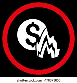 Fire Disaster Price vector bicolor rounded icon. Image style is a flat icon symbol inside a circle, red and white colors, black background.