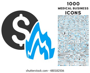Fire Disaster Price vector bicolor icon with 1000 medical business icons. Set style is flat pictograms, blue and gray colors, white background.