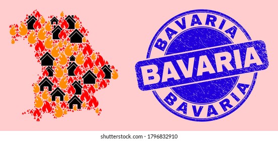 Catástrofe de incendios y collage de propiedades Mapa de la tierra de Baviera y sello de sellado impuro de Baviera. El mapa de la tierra de Baviera se compone de pueblos dispersos en llamas.