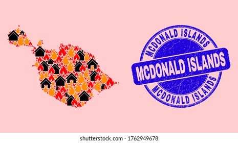 Fire disaster and property collage Heard and McDonald Islands map and Mcdonald Islands scratched stamp imitation.