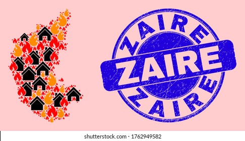 Fire disaster and property collage Karnataka State map and Zaire scratched stamp seal. Vector collage Karnataka State map is organized from scattered burning houses.
