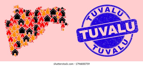 Fire disaster and property collage Maharashtra State map and Tuvalu corroded seal. Vector mosaic Maharashtra State map is created of scattered burning towns.
