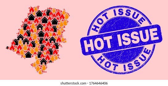 Fire disaster and property collage Opole Voivodeship map and Hot Issue corroded stamp imitation. Vector collage Opole Voivodeship map is formed of randomized burning homes.