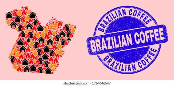 Brandkatastrophe und Immobilienkollektion Paral State Map und brasilianisches Kaffee korrodiert Siegel. Vektorgrafik Paral State Map ist mit zufälligen brennenden Städten gebildet.