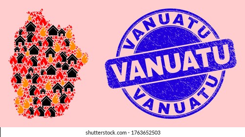 Fire disaster and property combination Flores Island of Azores map and Vanuatu rubber stamp. Vector collage Flores Island of Azores map is formed with random burning homes.