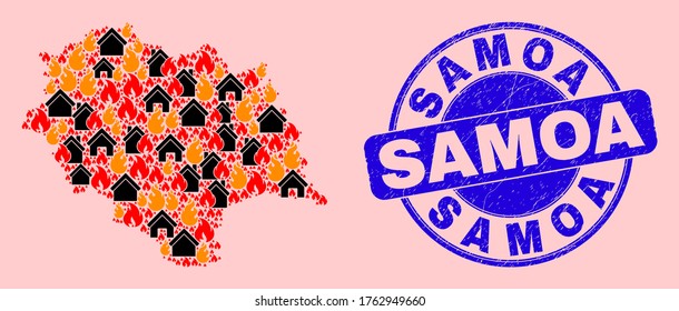 Fire disaster and property combination Himachal Pradesh State map and Samoa rubber stamp print. Vector collage Himachal Pradesh State map is composed with scattered burning homes.