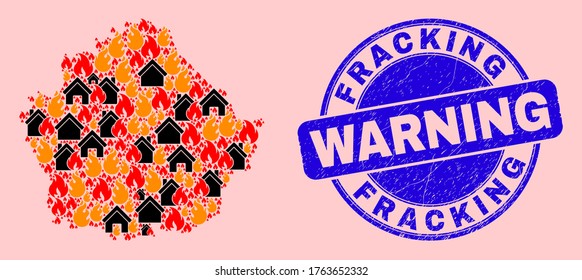 Fire Disaster And Property Mosaic Cuenca Province Map And Fracking Warning Textured Stamp. Vector Collage Cuenca Province Map Is Composed Of Random Burning Cities.