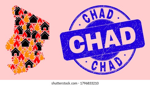 Fire disaster and realty collage Chad map and Chad dirty stamp seal. Vector collage Chad map is formed of scattered burning cities. Chad map collage is created for fire insurance posters.