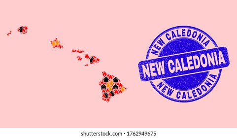 Fire disaster and realty collage Hawaii State map and New Caledonia rubber seal. Vector collage Hawaii State map is designed with scattered burning villages.