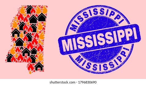 Fire disaster and realty collage Mississippi State map and Mississippi grunge watermark. Vector collage Mississippi State map is constructed with scattered burning villages.