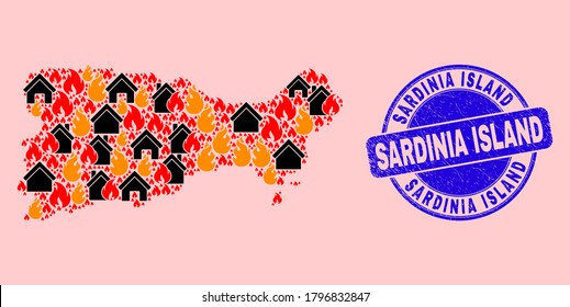 Fire disaster and realty mosaic Capri Island map and Sardinia Island scratched stamp. Vector mosaic Capri Island map is composed from random burning homes.