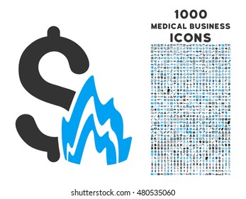 Fire Disaster vector bicolor icon with 1000 medical business icons. Set style is flat pictograms, blue and gray colors, white background.