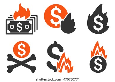 Fire Disaster vector icons. Pictogram style is bicolor orange and gray flat icons with rounded angles on a white background.