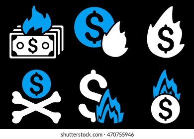 Fire Disaster vector icons. Pictogram style is bicolor blue and white flat icons with rounded angles on a black background.