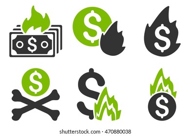 Fire Disaster vector icons. Pictogram style is bicolor eco green and gray flat icons with rounded angles on a white background.