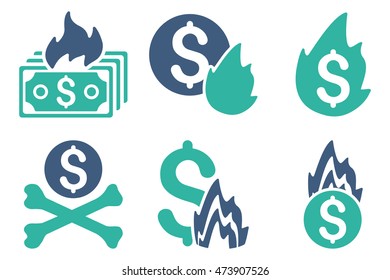 Fire Disaster vector icons. Pictogram style is bicolor cobalt and cyan flat icons with rounded angles on a white background.
