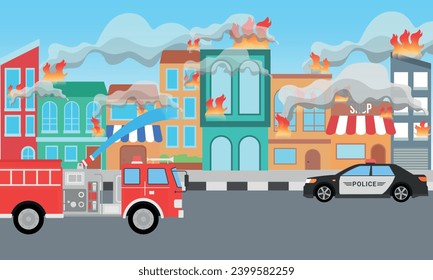 Fire Disaster at village take off by fireman and fire truck with police car, cartoon flat design illustration background