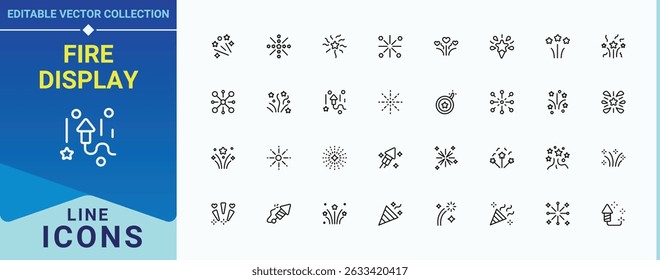 Fire Display linear icon set. Included celebrate, holiday, entertainment, decor, fire and more. Firework linear icon collection. Minimal icons pack. Editable stroke. Vector collection.