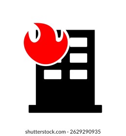 Fire distaster icon clip art. Tall building black colour icon with fire. Vector illustration digital or printable fire case