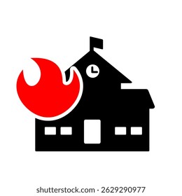 Fire distaster icon clip art. School building black colour icon with fire. Vector illustration digital or printable fire case