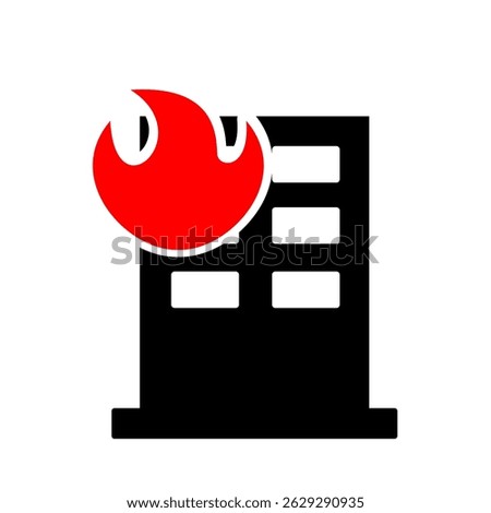 Fire distaster icon clip art. Tall building black colour icon with fire. Vector illustration digital or printable fire case