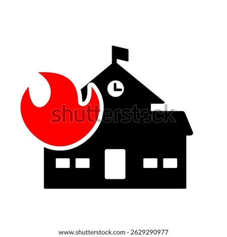Fire distaster icon clip art. School building black colour icon with fire. Vector illustration digital or printable fire case