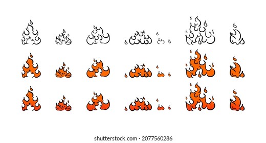 Fire doodle collection, flame emblem in hand drawn scribble style, blazing handdrawn bonfire icon set.