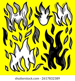Fire doodle collection, flame emblem in hand drawn scribble style, doodle sketch style of Hand drawn fire vector illustration..