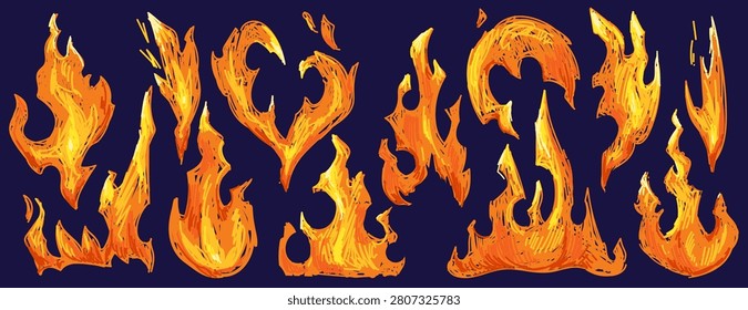 Fire doodle frames set with blazing flames isolated on black background. Vector realistic illustration of burning border and corner designs, heart and different shape elements for sketch graphic