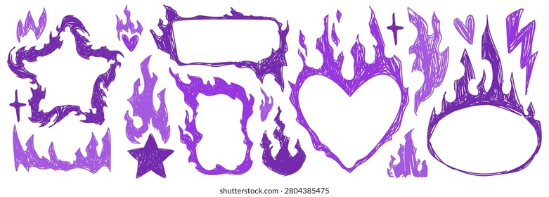 Fire doodle frames set with purple blazing flames isolated on white background. Vector realistic illustration of burning border and corner designs, round, star and heart shape sketch elements