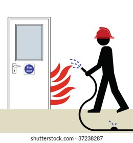 Fire door and fireman extinguishing fire on door