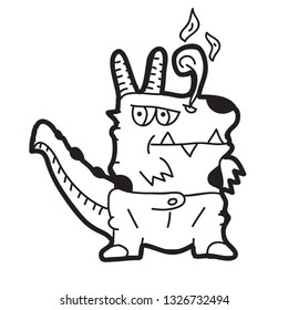 A fire dragon doodle character. Hand drawn illustration for t-shirt print design, coloring book, greeting card.