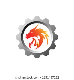 fire dragon and gear colorful vector logo illustration