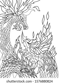 

Fire Dragon. Graphic, black and white sketch drawing of a dragon symbolizing the element of fire on a white background.