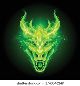 Fire Dragon Head in Green Flame on the Dark Background. Modern Illustration Concept Style for Badge, Emblem and T-Shirt Printing